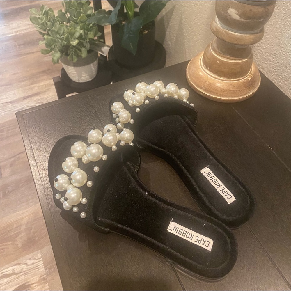 Black Velvet Slip-On Slides w/ Large White Pearl Beading Design